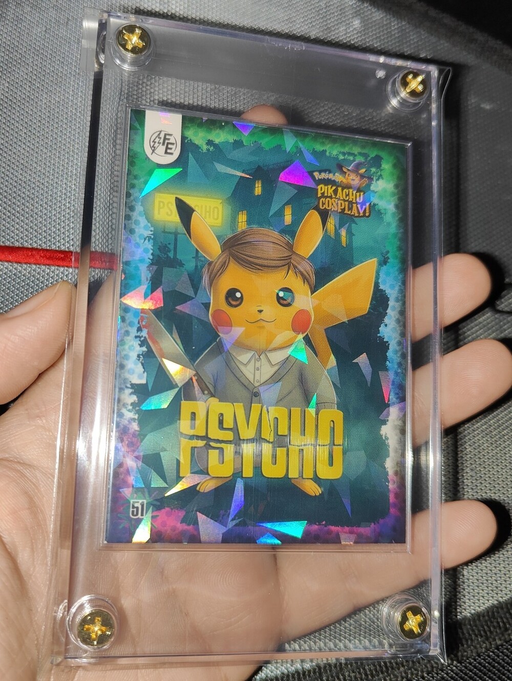 Norman Bates Psycho holo encased Pikachu Cosplay Horror card Unofficial Pokemon